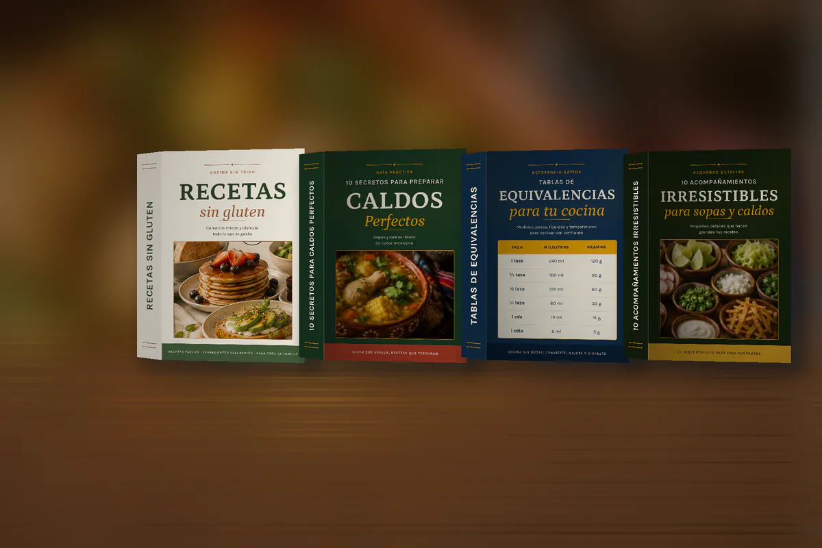 Los cuatro eBooks de la colección Recetas Sin Gluten sobre la mesa de la cocina, con un caldo casero al fondo